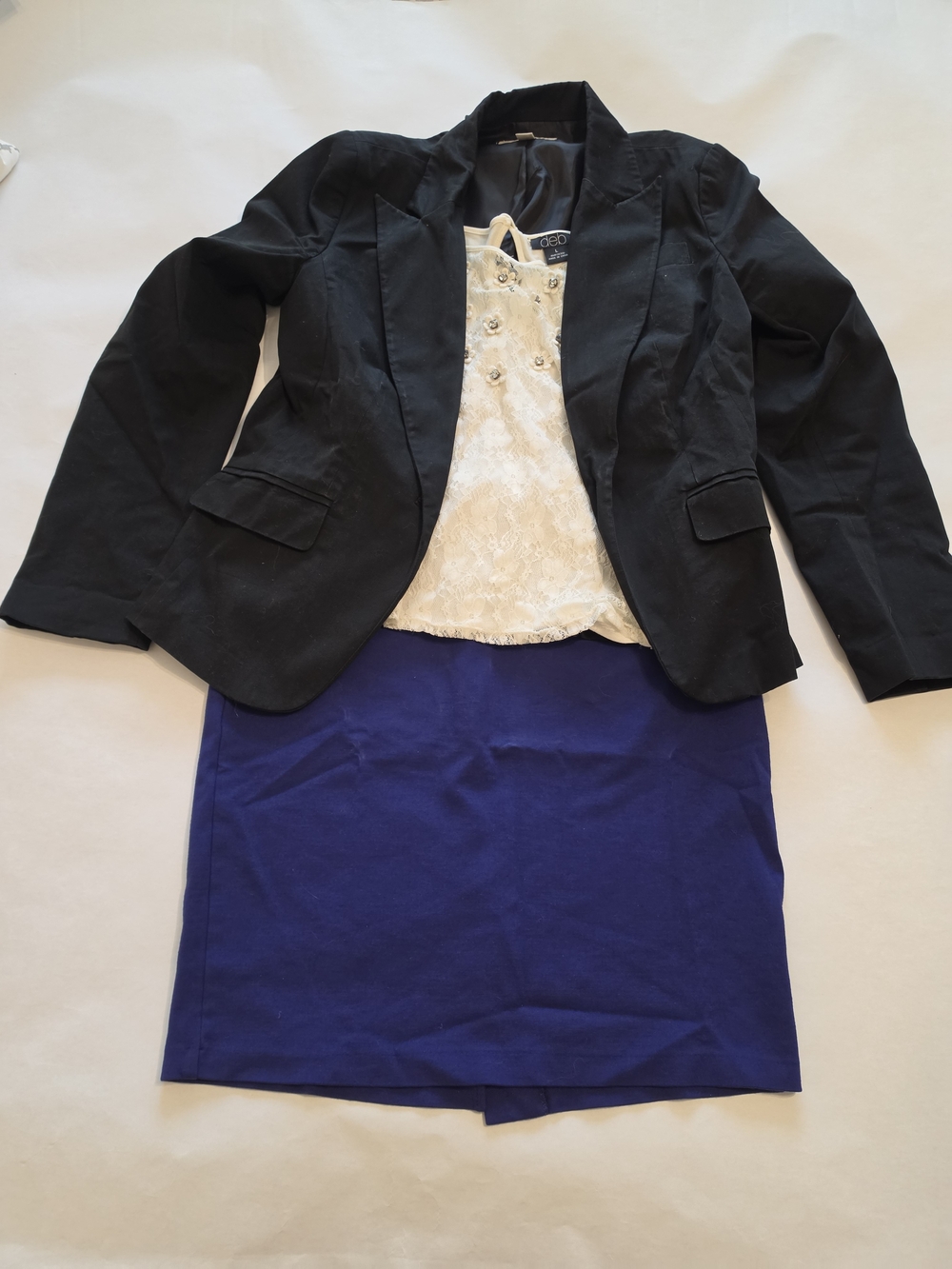 Dalia Collection Royal Blue Pencil Skirt, Deb Ivory Blouse And Menora Blazer